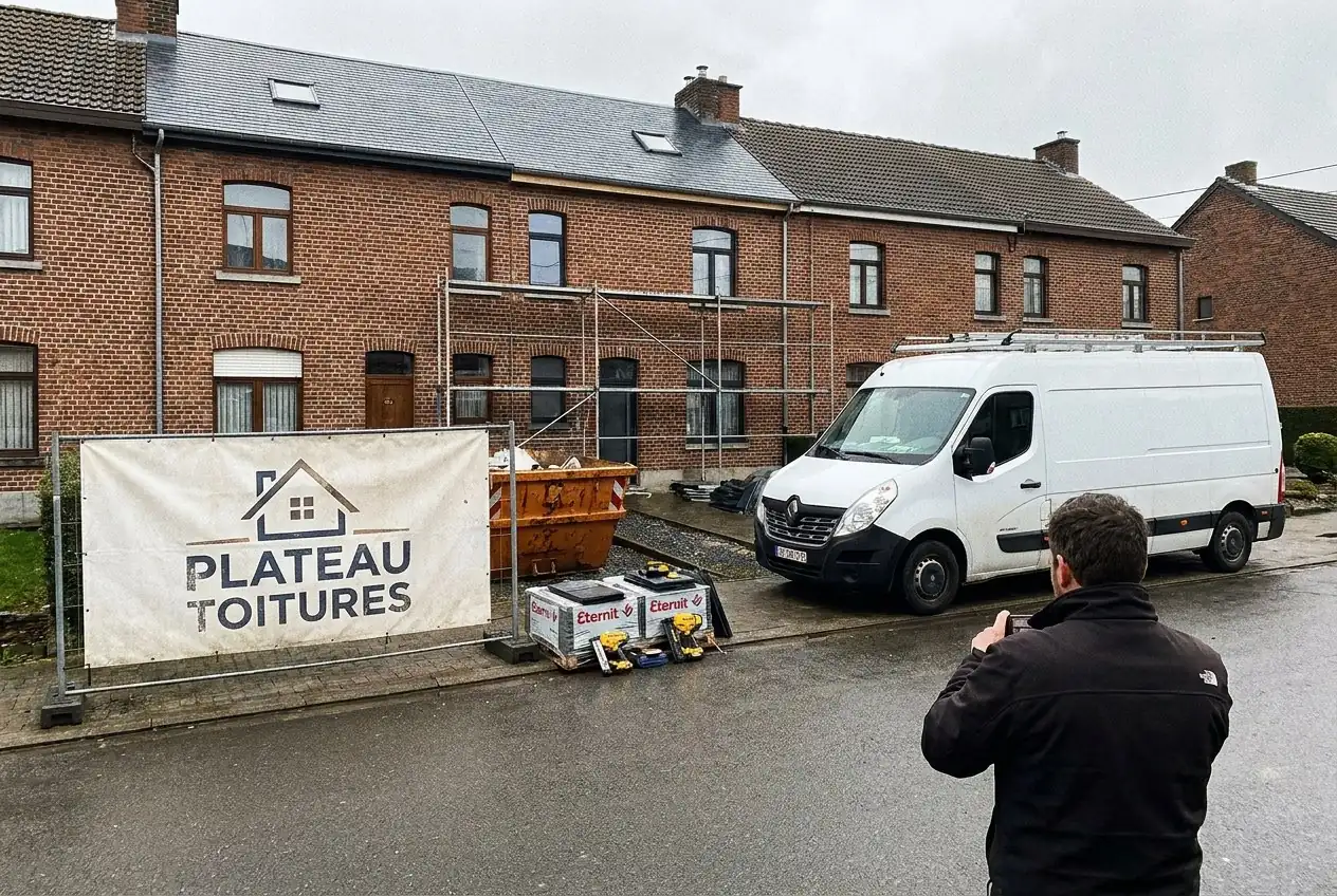 Chantier de toiture de Plateau Toitures sur une rangée de maisons en briques, échafaudage et bâche de chantier
