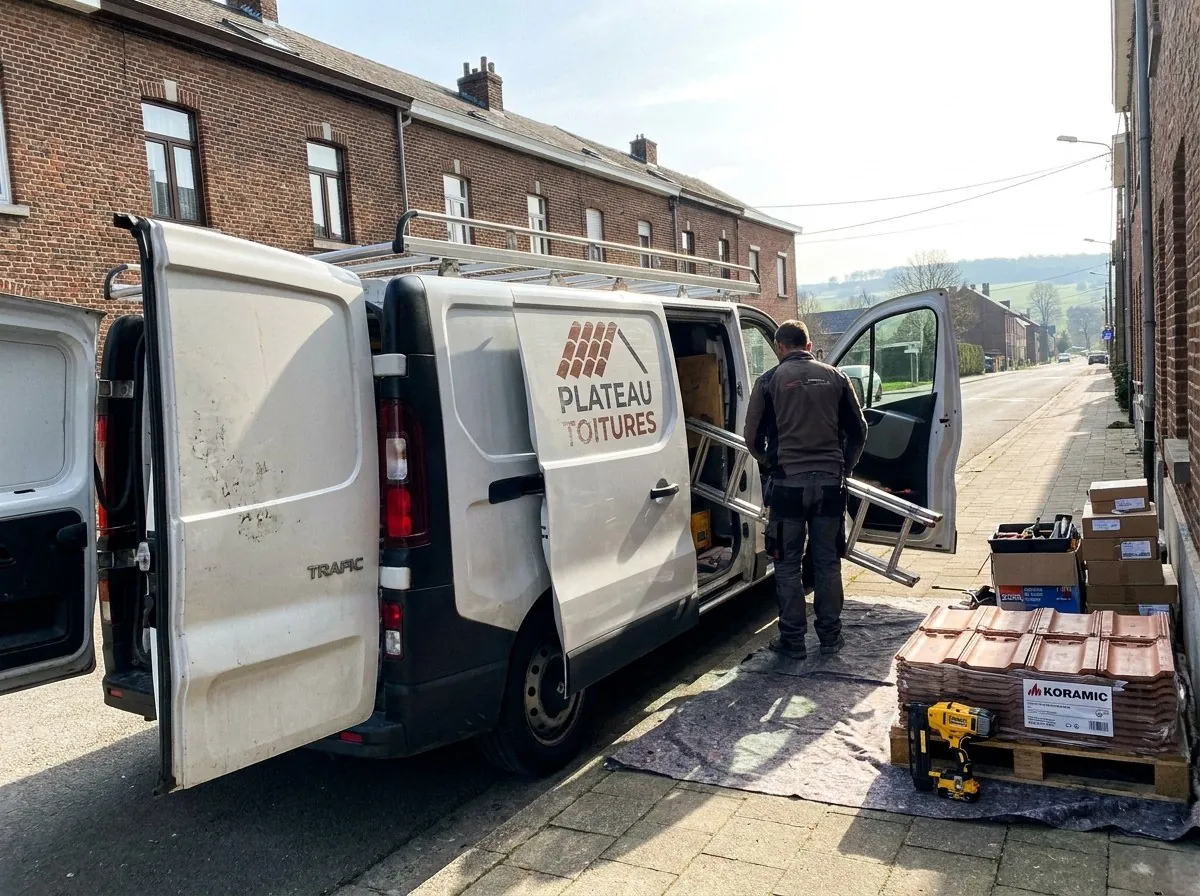 Livraison de palettes de tuiles devant une camionnette Plateau Toitures